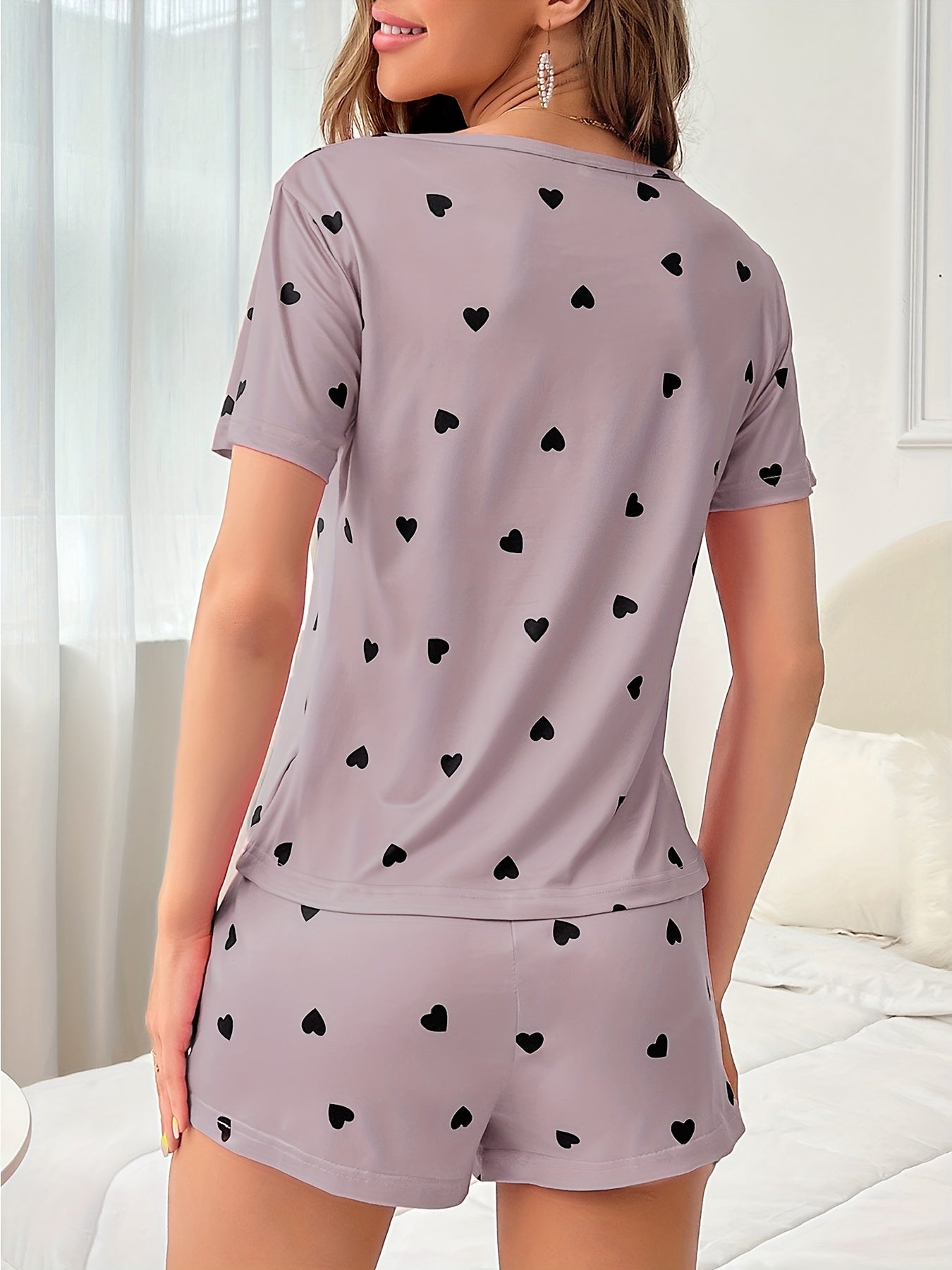 Heart Print Pajama Set Crew Neck Top & Loose Shorts Women's Loungewear