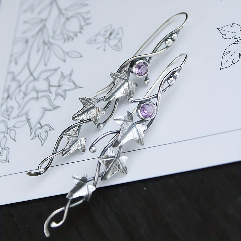 Men's Silver Leaf Dangle Earrings with Colorful Gemstones