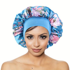 Floral Print Satin Bonnet for Women Elastic Hair Bonnet Cap