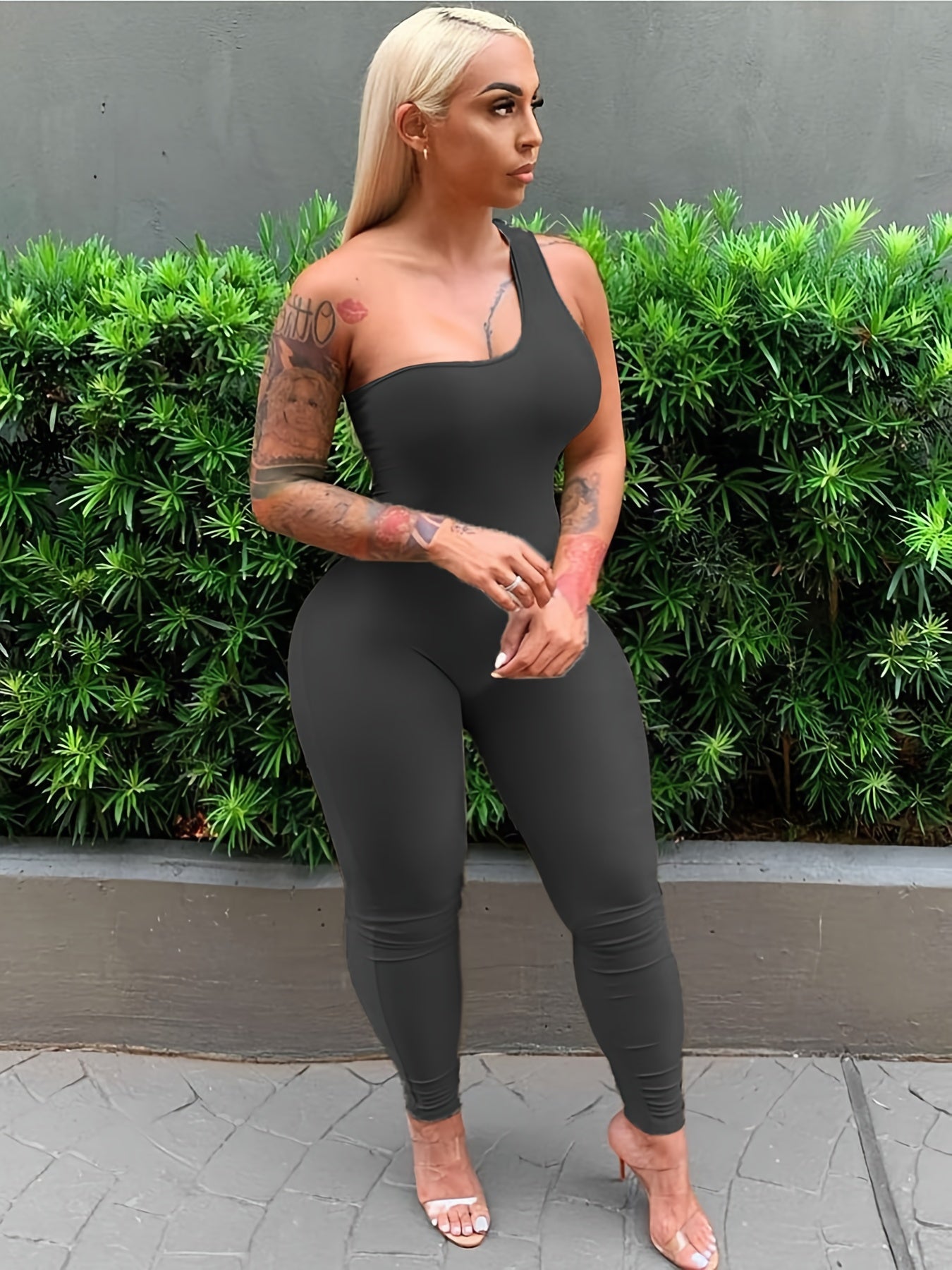One Shoulder Slim Jumpsuit Sexy Sleeveless Asymmetrical Neck Jumpsuit