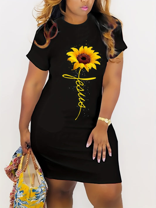 Women's Plus Letter & Sunflower Print Dress Short Sleeve Round Neck High Stretch