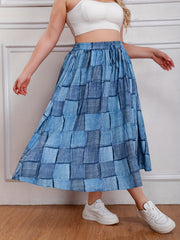  Colorblock Denim Print Maxi Skirt