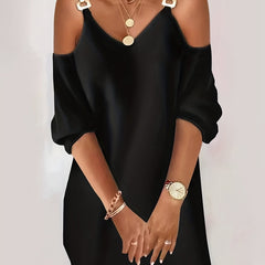 Casual Cold Shoulder V Neck Dress 3/4 Sleeve Solid