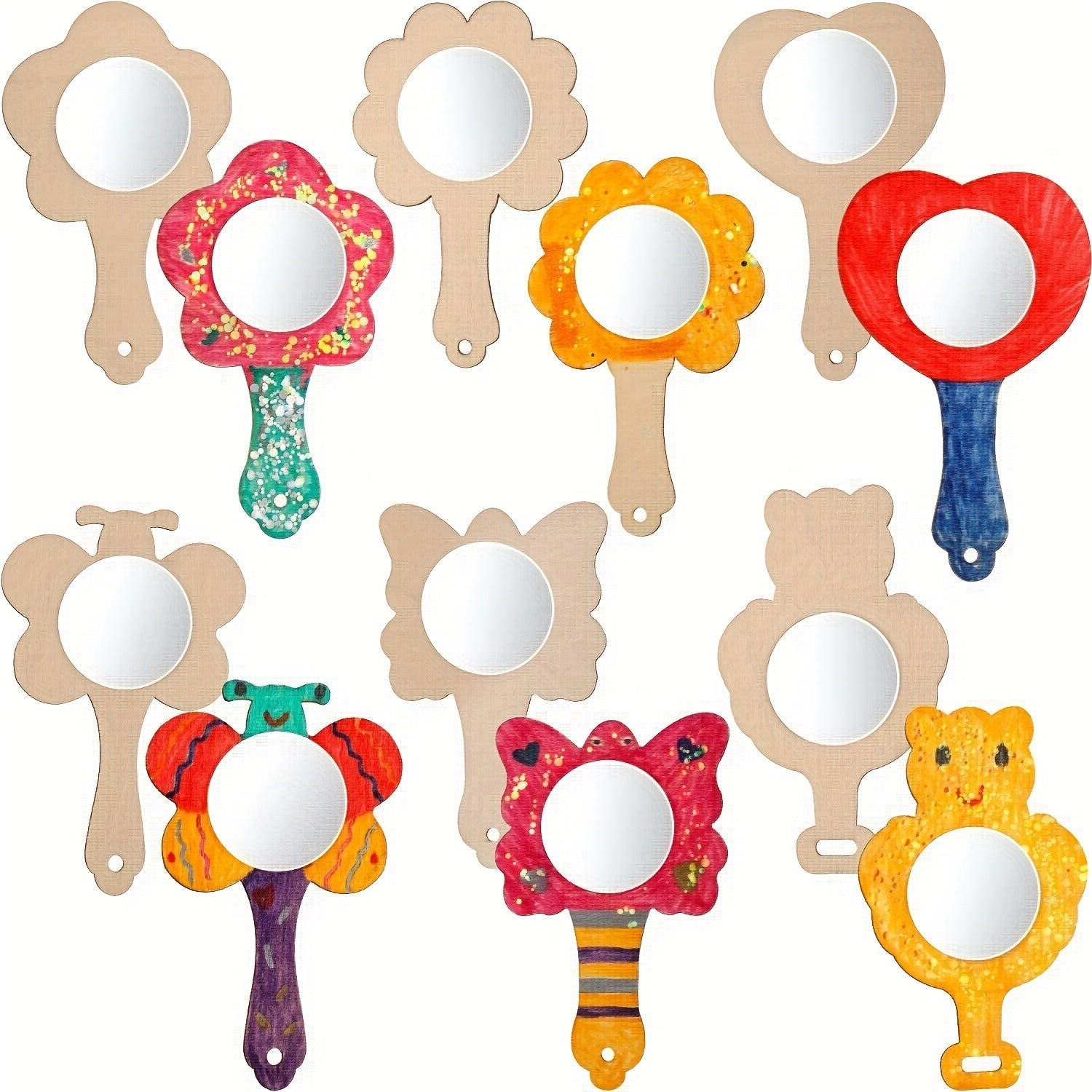 12pcs Mini Wooden Graffiti Mirrors for DIY Painting