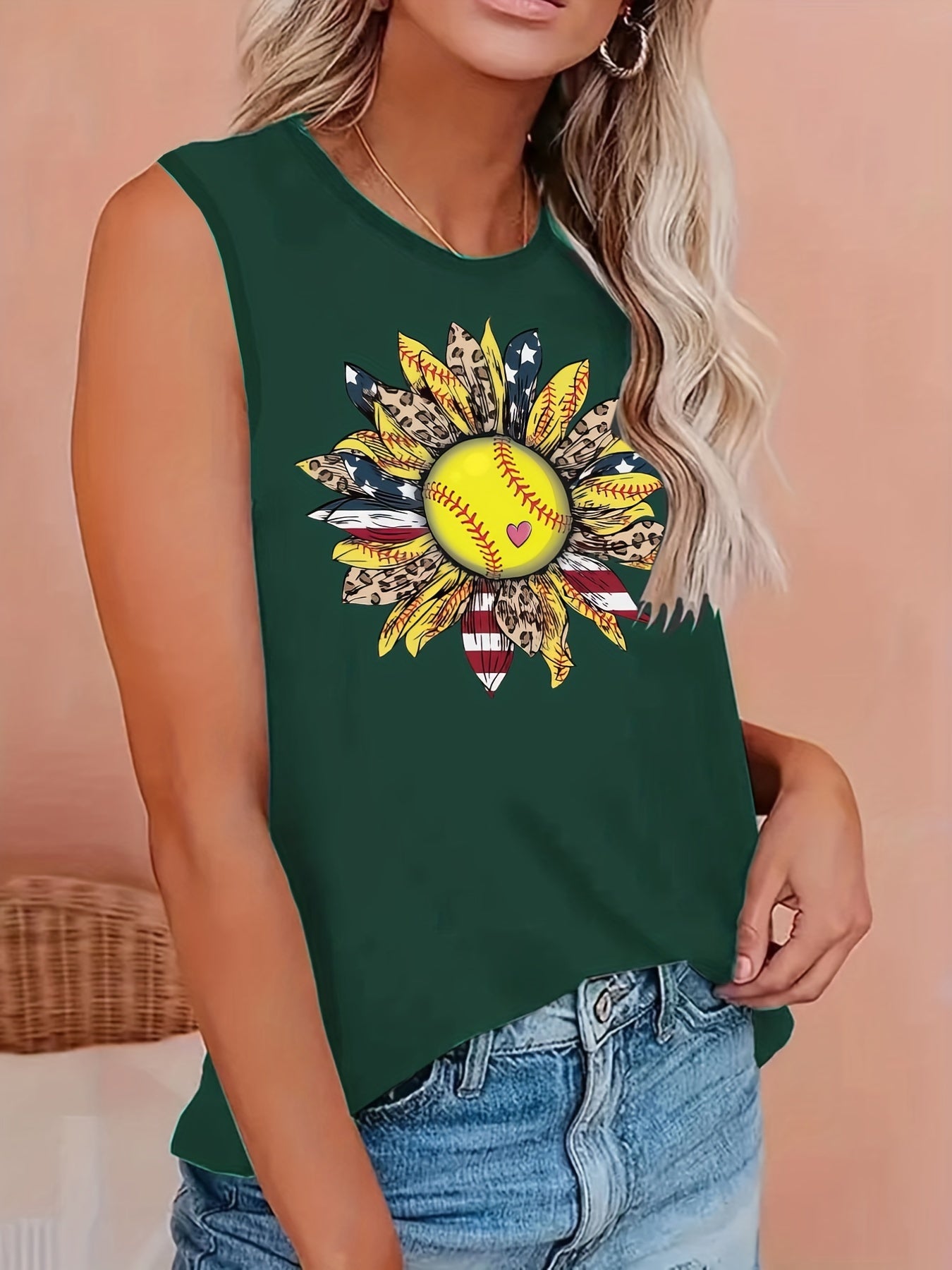  Sunflower & Slogan Print Tank Top