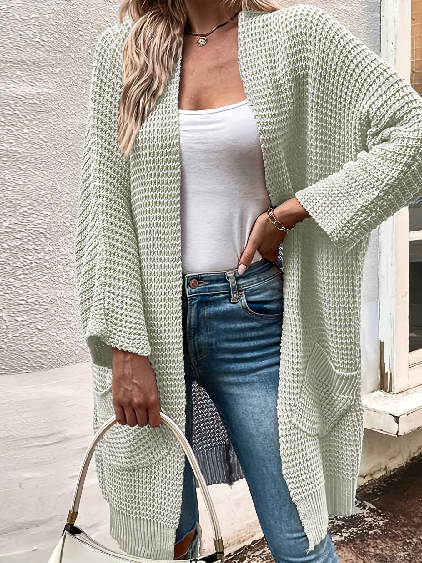  Cable Batwing Sleeve Open Front Cardigan with Pockets
