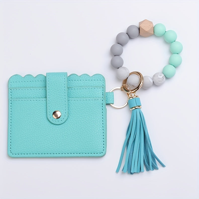 Leopard Print Tassel Wallet Keychain Silicone Beaded Bracelet