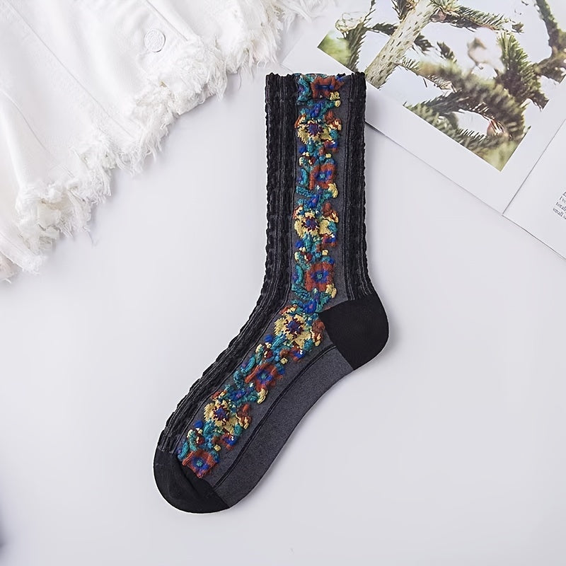5 Pairs Ethnic Style Socks Floral Embroidery Mid Tube Women's Stockings