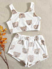 Bear Pattern Flannel Crop Tank Top & Shorts 2-Piece Set