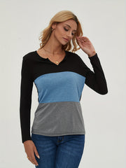 Block Long Sleeve V Neck Pullover Tops Women's Tops