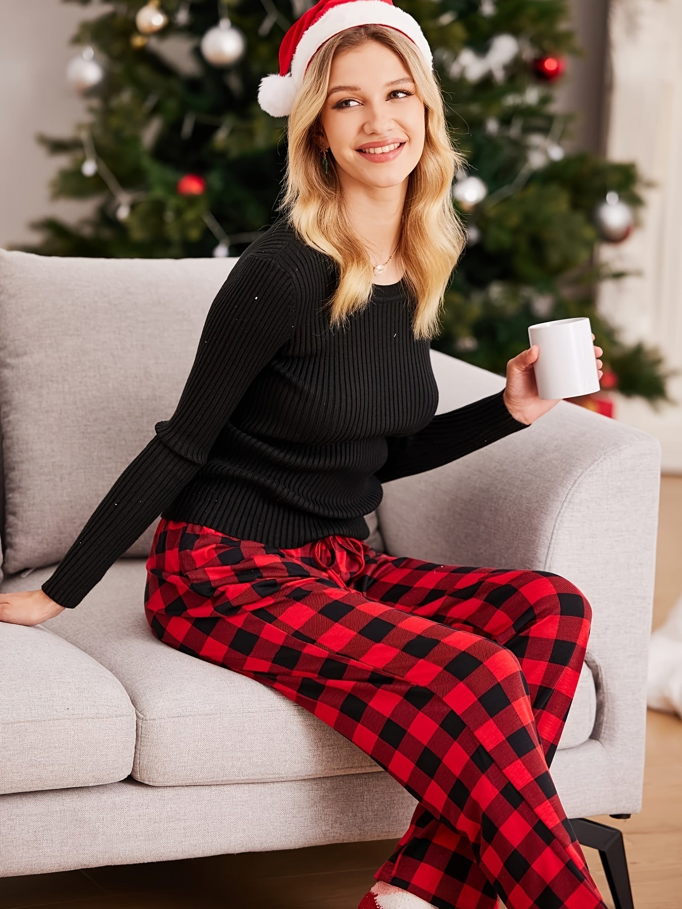 Plaid Drawstring Sleep Bottoms Cozy Home Sleep Pants Women's Loungewear