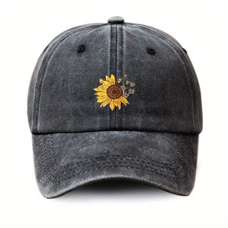 Butterfly Sunflower Print Baseball Cap Denim Washed Dad Hat