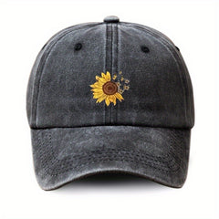 Butterfly Sunflower Print Baseball Cap Denim Washed Dad Hat