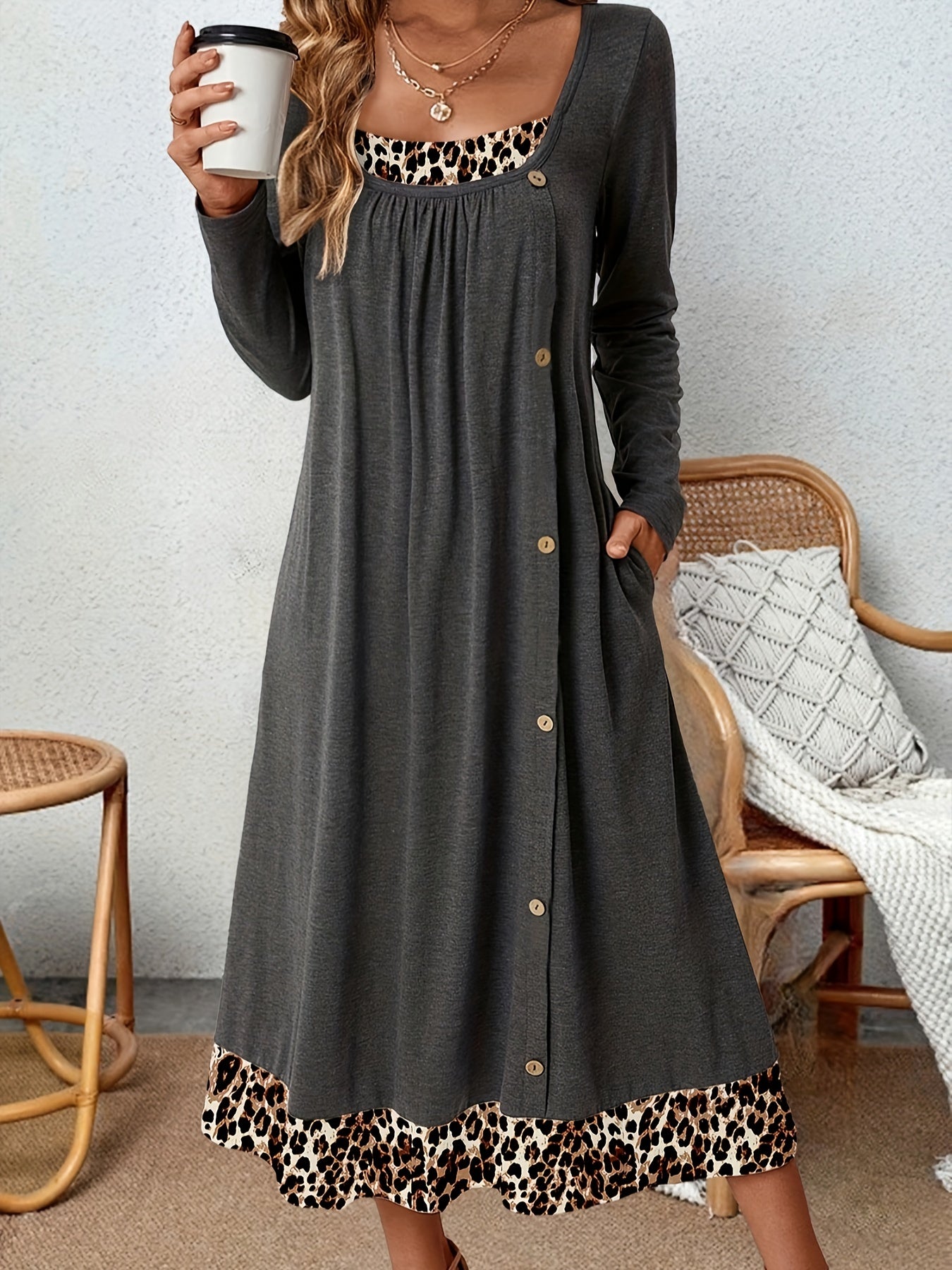  Colorblock Leopard Print Square Neck Midi Dress