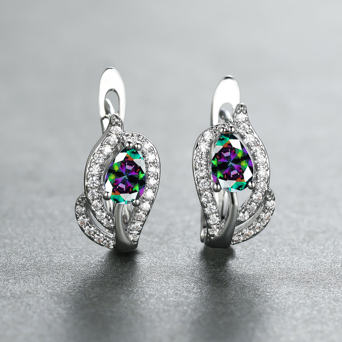 Multicolor Zirconia Stone Hoop Earrings, Leaf Crystal Silver Wedding Jewelry