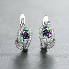 Multicolor Zirconia Stone Hoop Earrings, Leaf Crystal Silver Wedding Jewelry