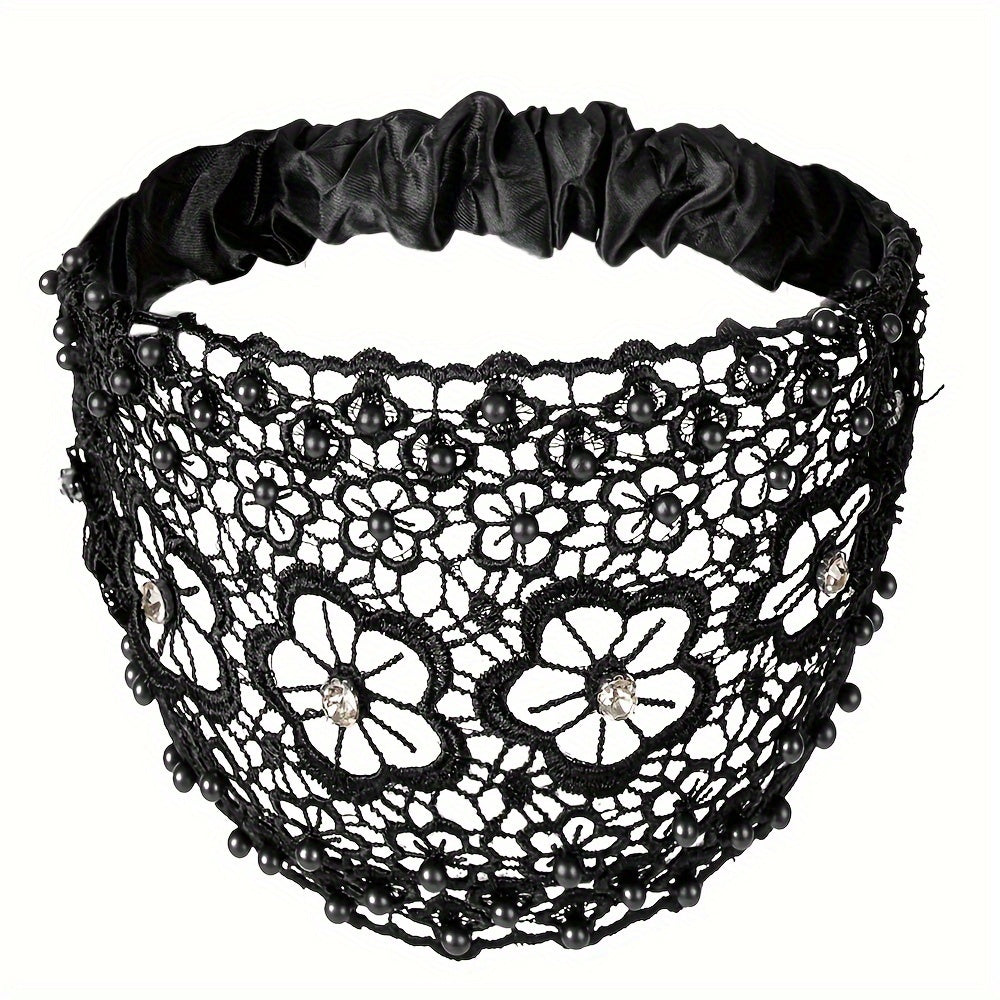 Hollow Lace Flower Pattern Headband Faux Pearl Charms Stretch Headband
