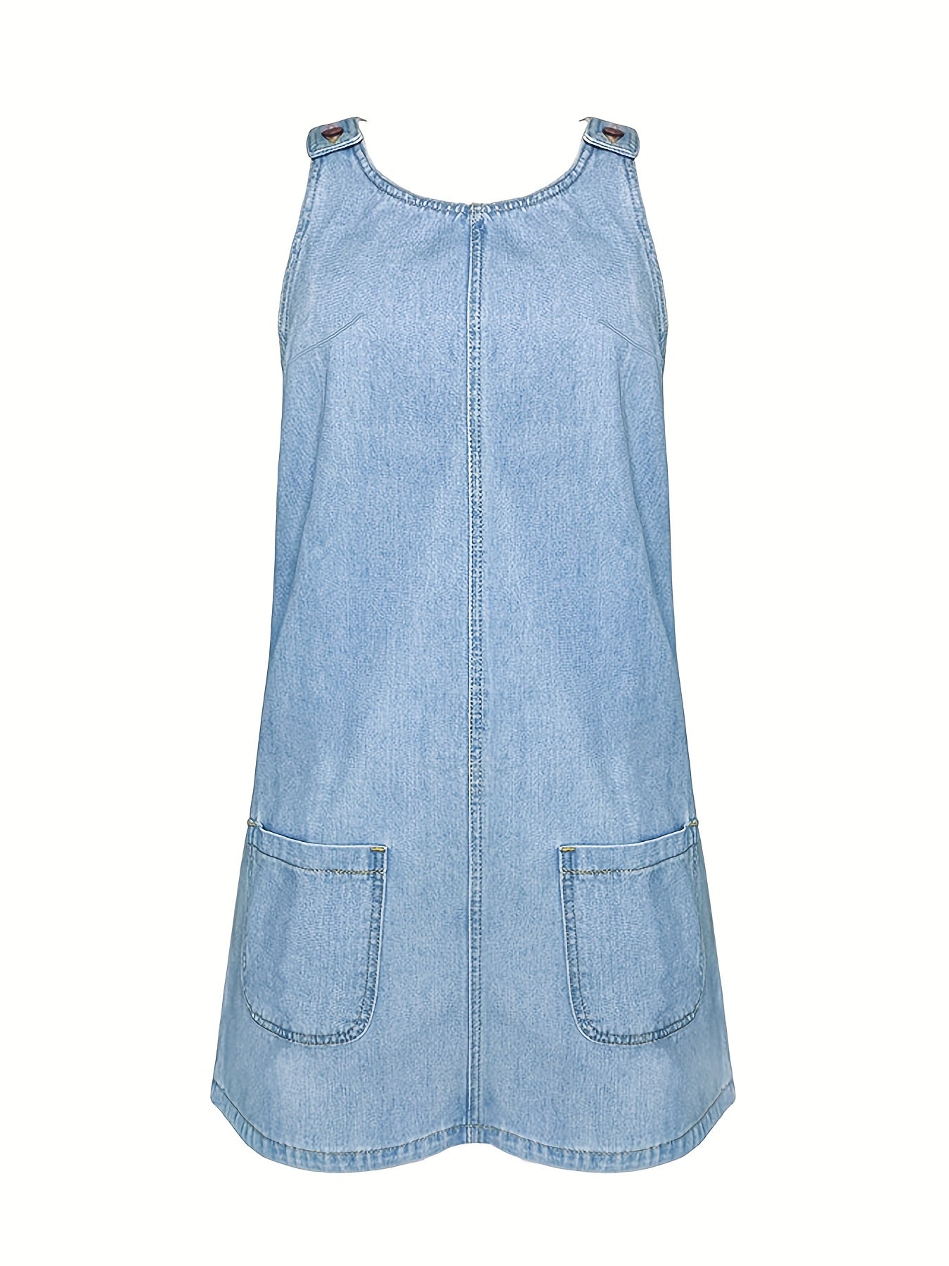 Loose Fit Denim Dress Round Neck Patch Pockets Adjustable Strap