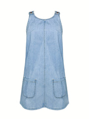 Loose Fit Denim Dress Round Neck Patch Pockets Adjustable Strap