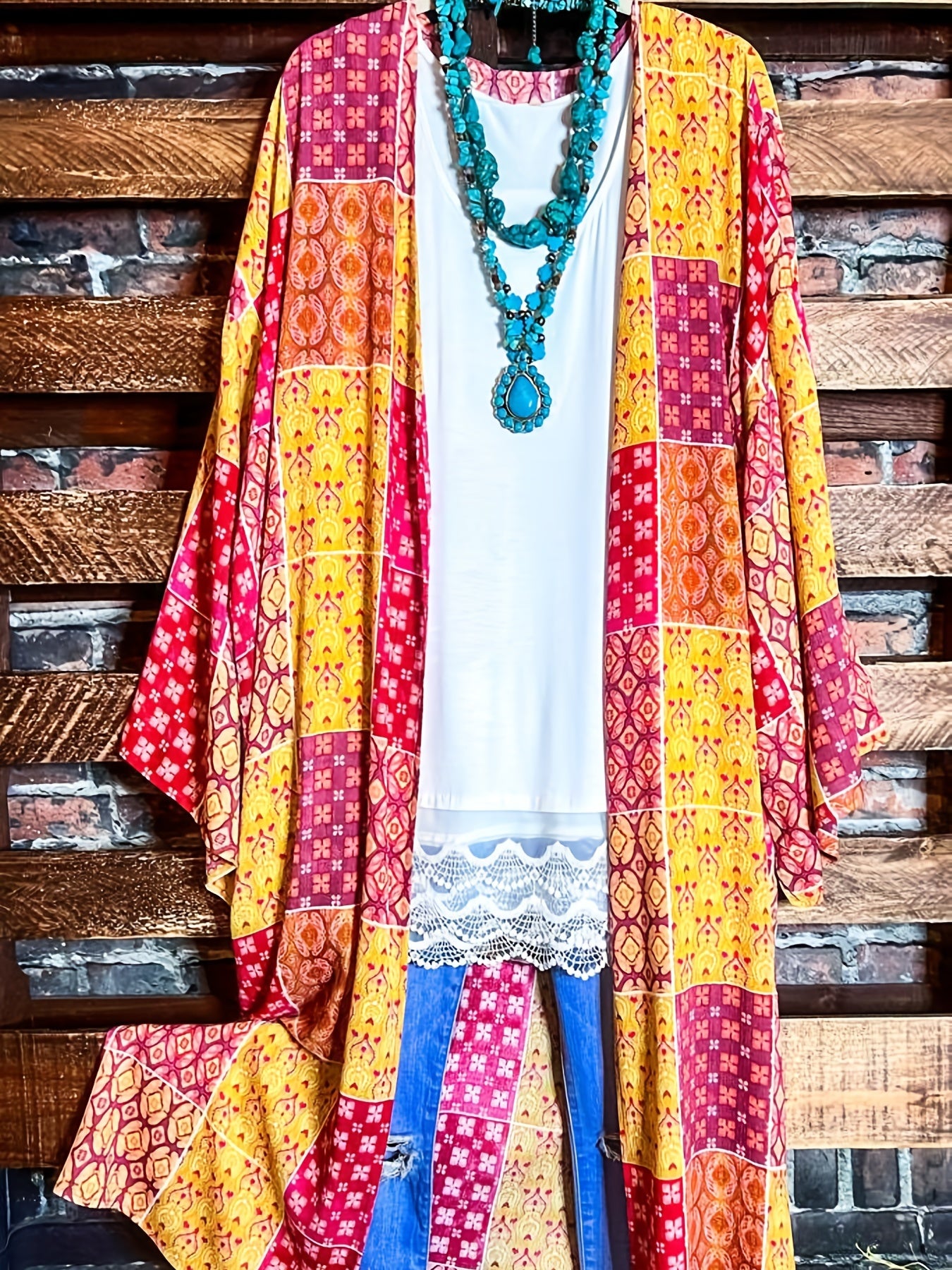  Colorblock Geometric Print Long Sleeve Cardigan