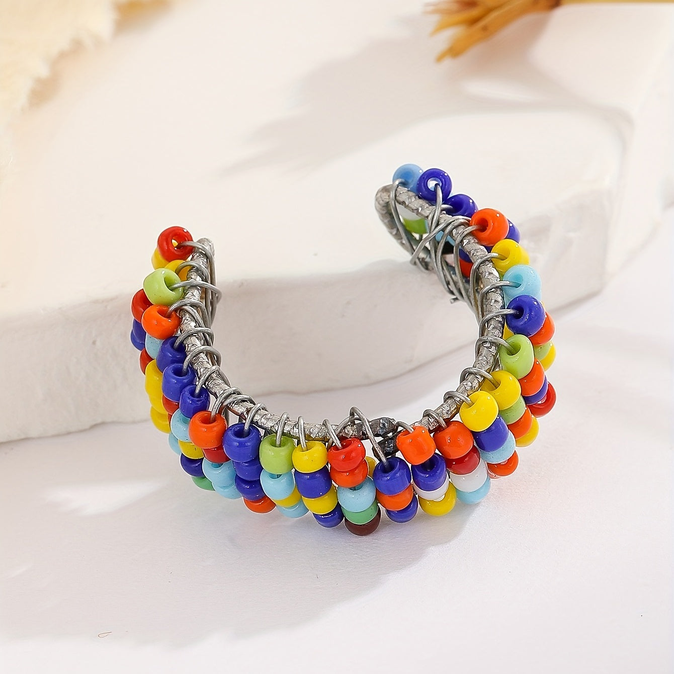 Boho Style Silver Ring with Colorful Beads - Adjustable Anti-Anx