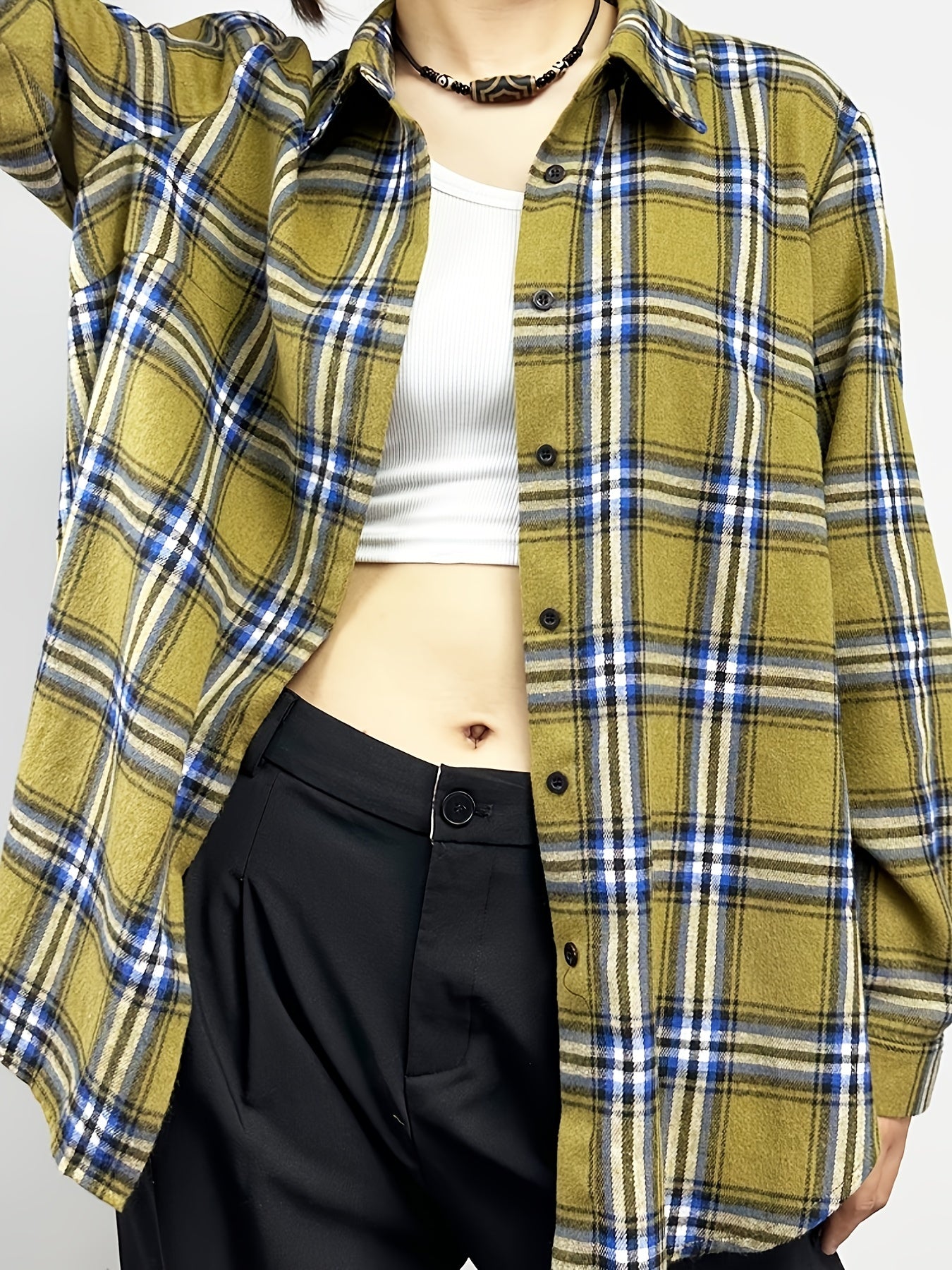  Plaid Print Side Split Long Sleeve Button Up Tunic Shirt Top