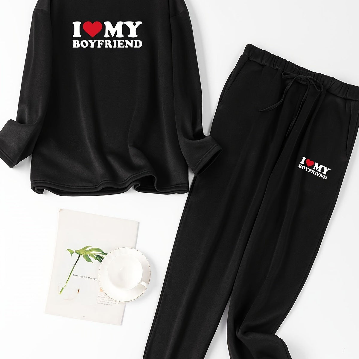  Slogan Print Long Sleeve Top & Pants Set