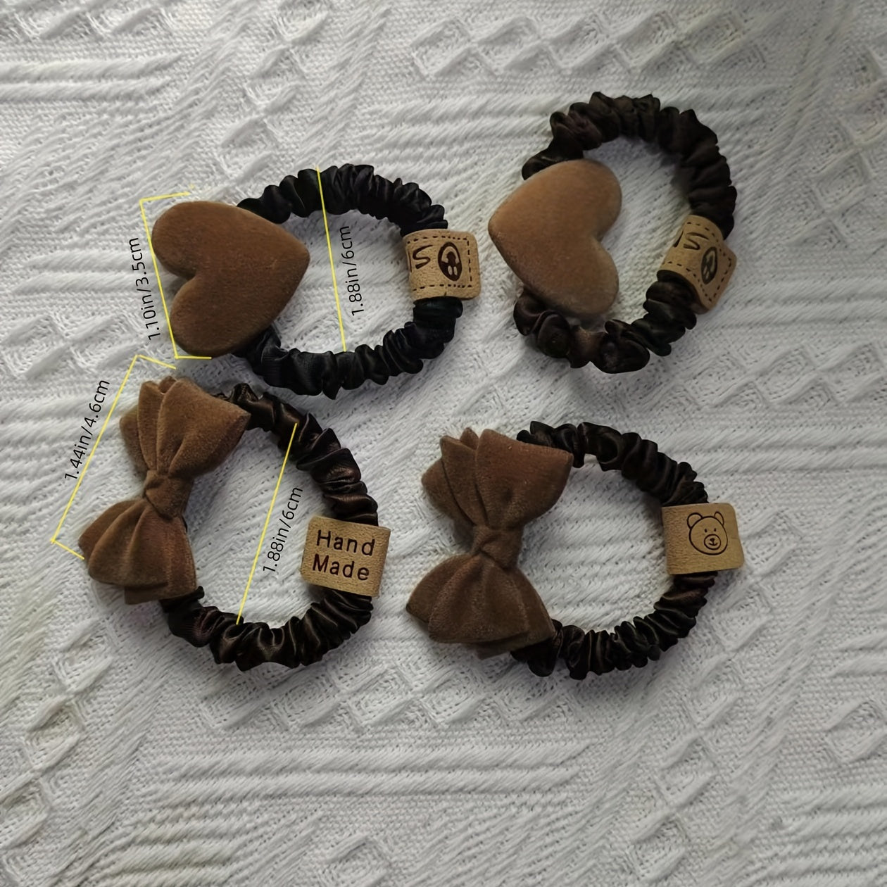 4pcs Flocking Bow Knot Heart Shape Scrunchie Hair Rope Bun Accessory