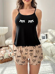 Cartoon Eyelash Print Pajama Set Crew Neck Cami Top & Elastic Waistband Shorts