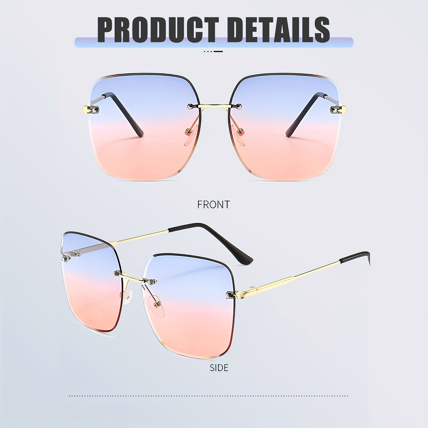 Ombre Rimless Sunglasses Square UV400 Sun Shades for Beach Travel