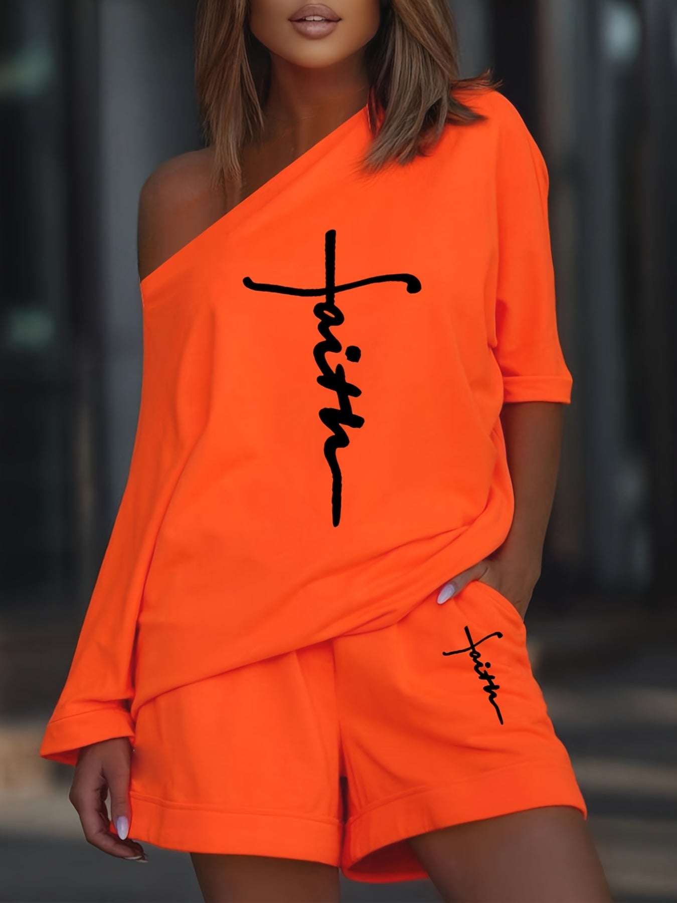 Faith Letter Print 2 Piece Set T-shirt & Shorts Women's Outfit