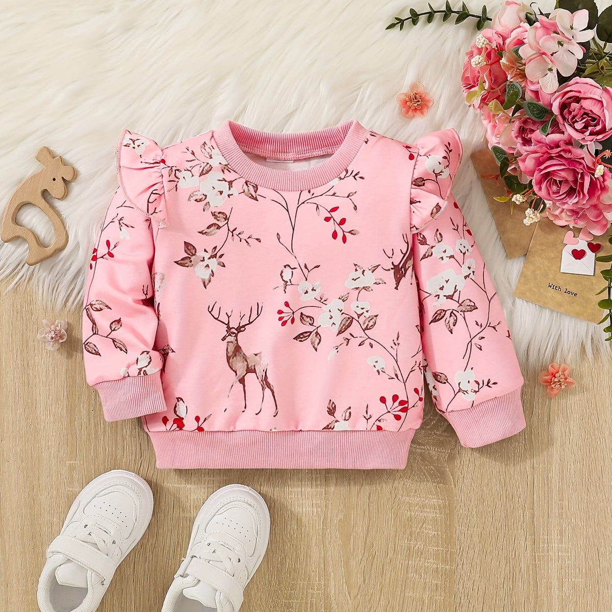 Baby Girls Fawn Floral Print Ribbed Flutter Sleeve Pullover Round Neck Tops