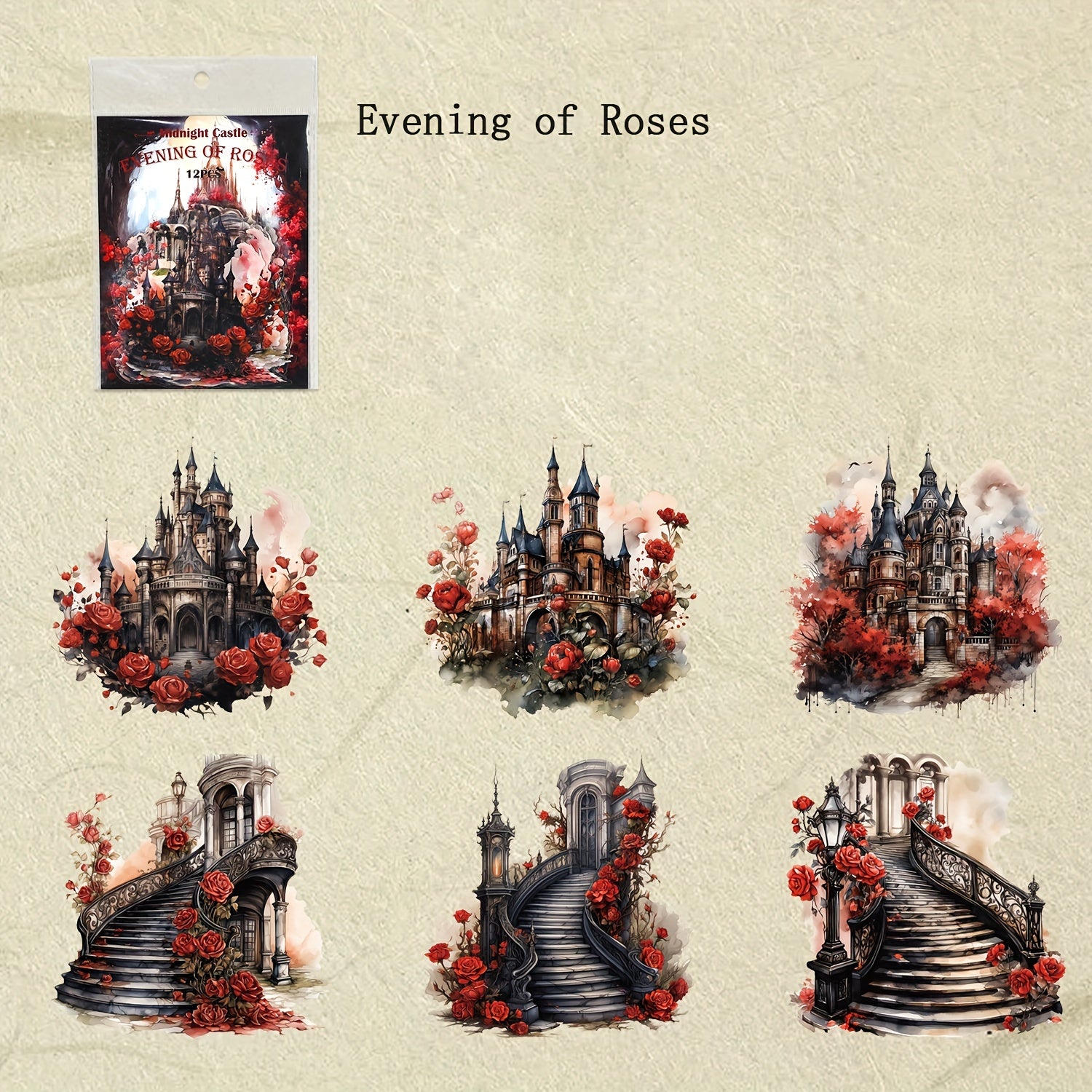 Midnight Castle Series Retro Flower Castle Journal Stickers - 12 Sheets