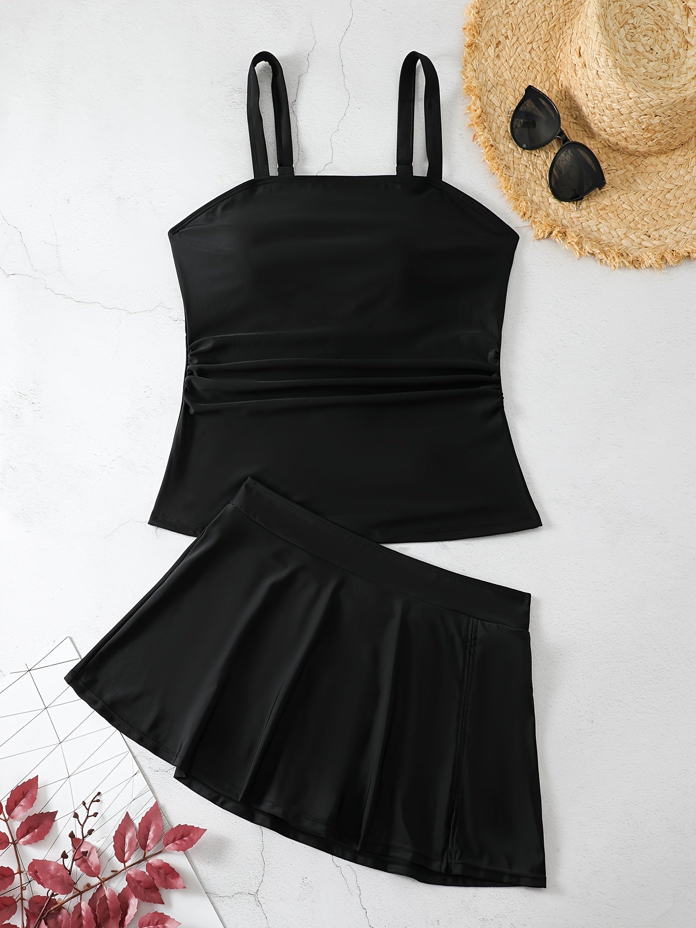  Solid Ruched Square Neck Tankini Set