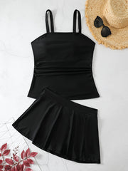  Solid Ruched Square Neck Tankini Set