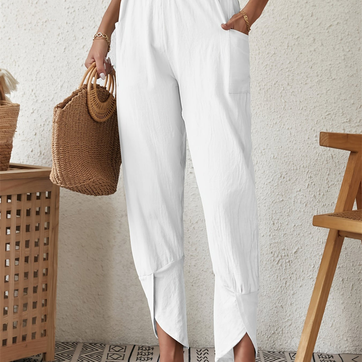 Solid Elastic Waist Pants Casual Loose Beach Pants With Pockets