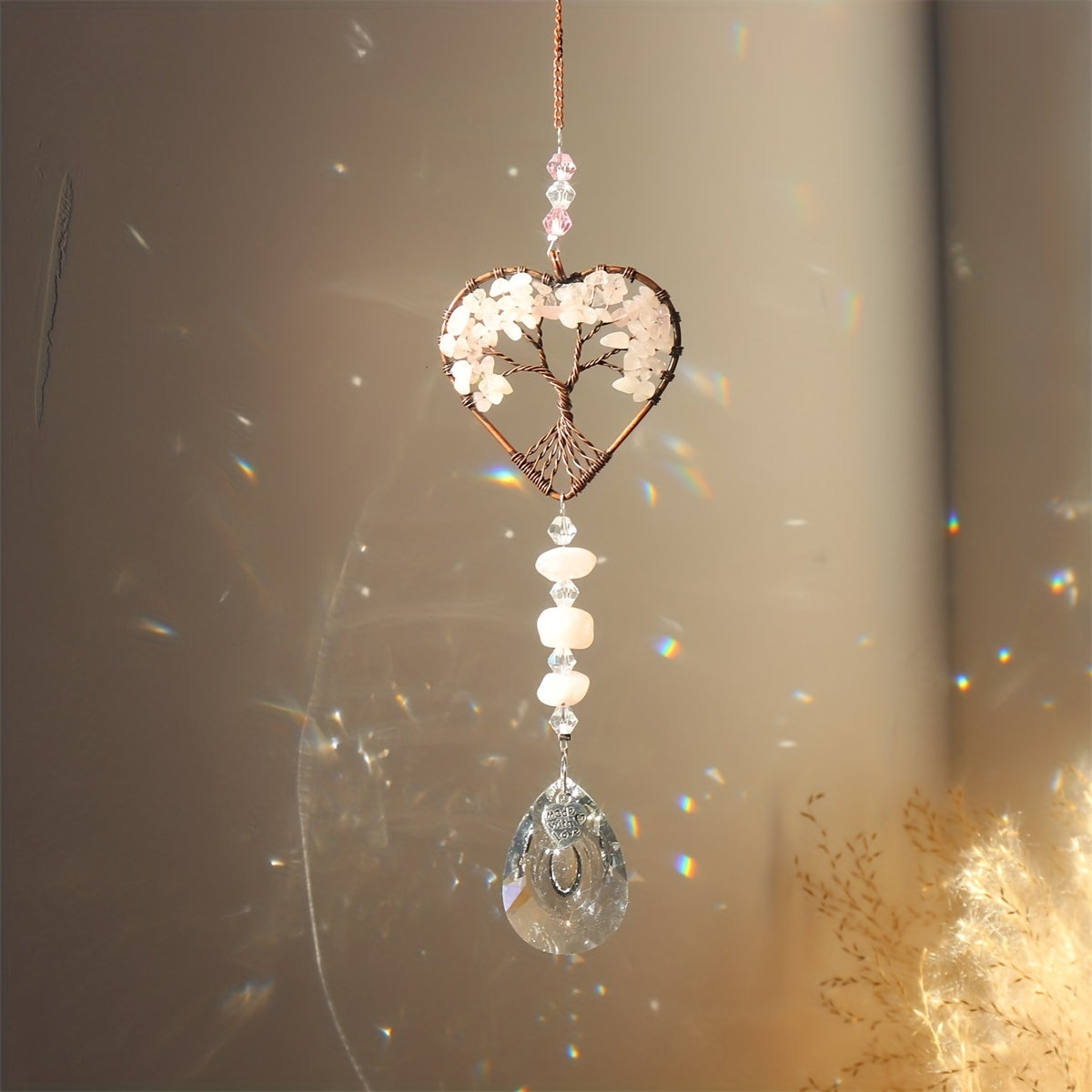 Rainbow Crystal Tree Of Life Suncatcher Heart Shape Chakra Stones