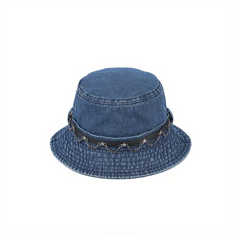 Metal Chain Denim Bucket Hat Distressed Hip Hop Fisherman Cap
