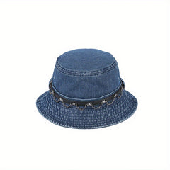 Metal Chain Denim Bucket Hat Distressed Hip Hop Fisherman Cap