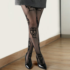 Skull Print Mesh Fishnet Stockings