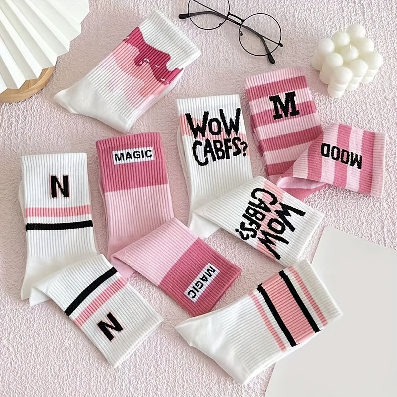 7 Pairs Letter Print Striped Socks, Women's Stockings