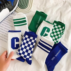 4 Pairs Letter Print Striped Socks Women's Mid Tube Stockings