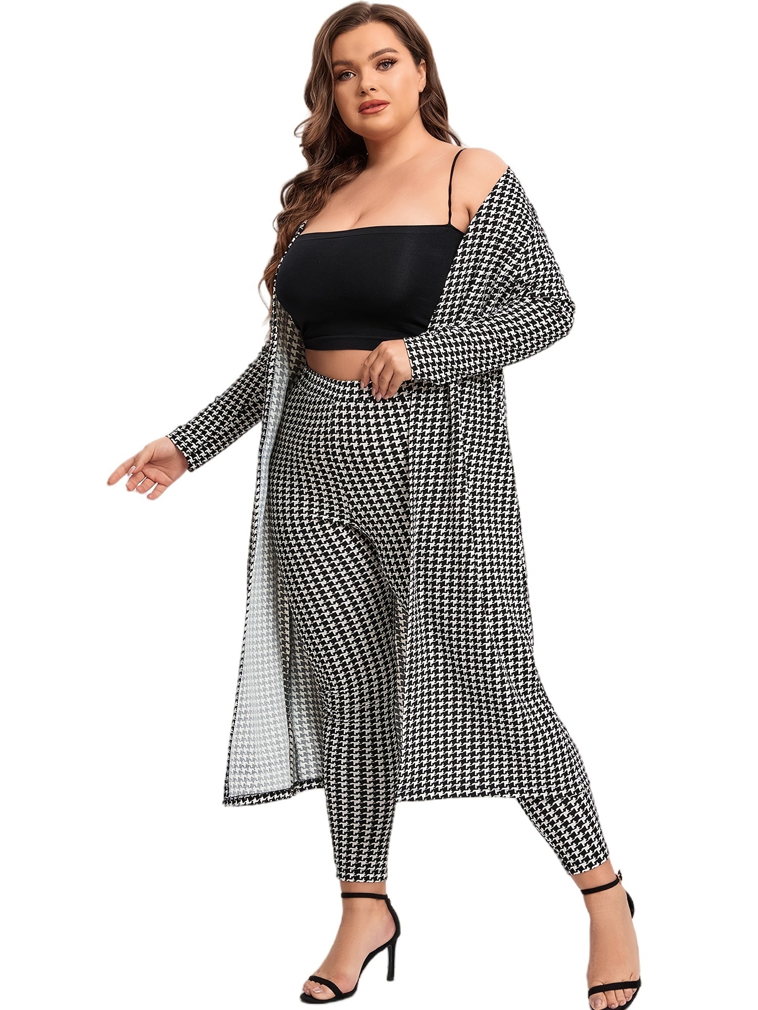  Houndstooth Print Cardigan & Skinny Pants Set