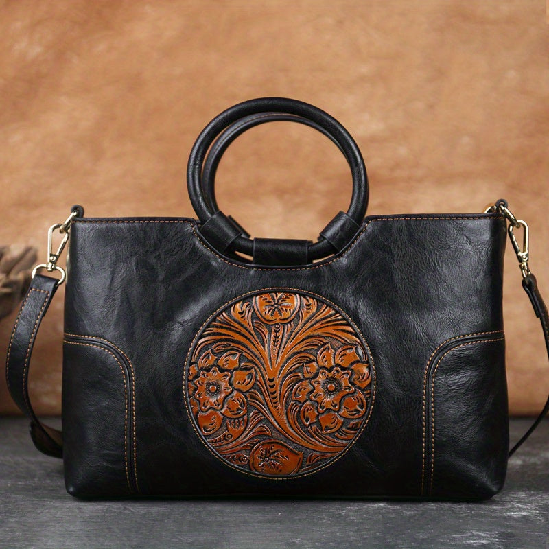 Vintage Flower Embossed Lightweight Satchel Bag