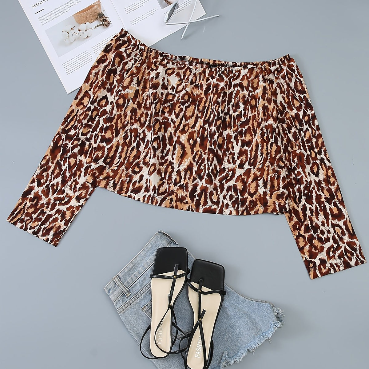Off Shoulder Leopard Print Long Sleeve Crop Blouse Women's Plus