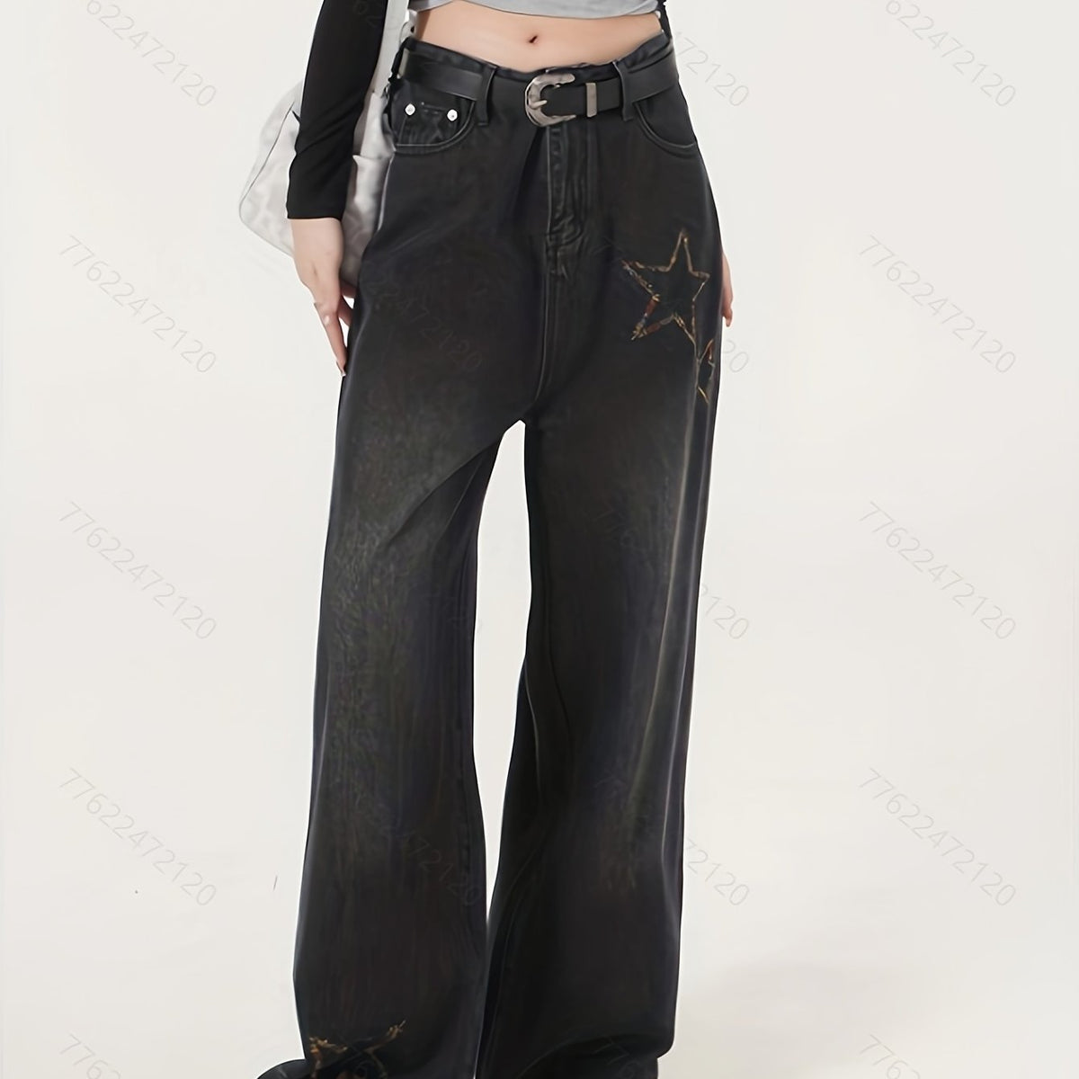 Star Embroidery Straight Jeans Loose Fit High Waist Denim Pants Women's Jeans