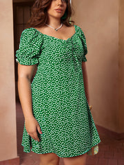 Plus Size Dot Print Puff Sleeve Ruffle Trim Sweetheart Neck Dress