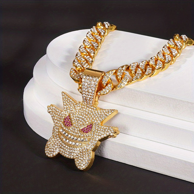 Women's Hip Hop Punk Ghost Pendant Necklace with Rhinestones Glitter Cuban Chain