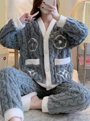 Floral Print Fuzzy Pajama Set Long Sleeve V Neck Women's Sleepwear