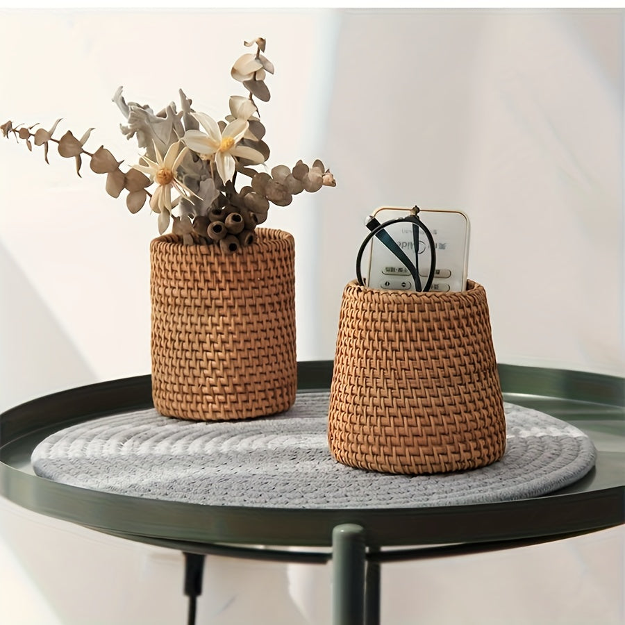Rattan Pen Holder Storage Box for Cosmetics & Tableware Decor
